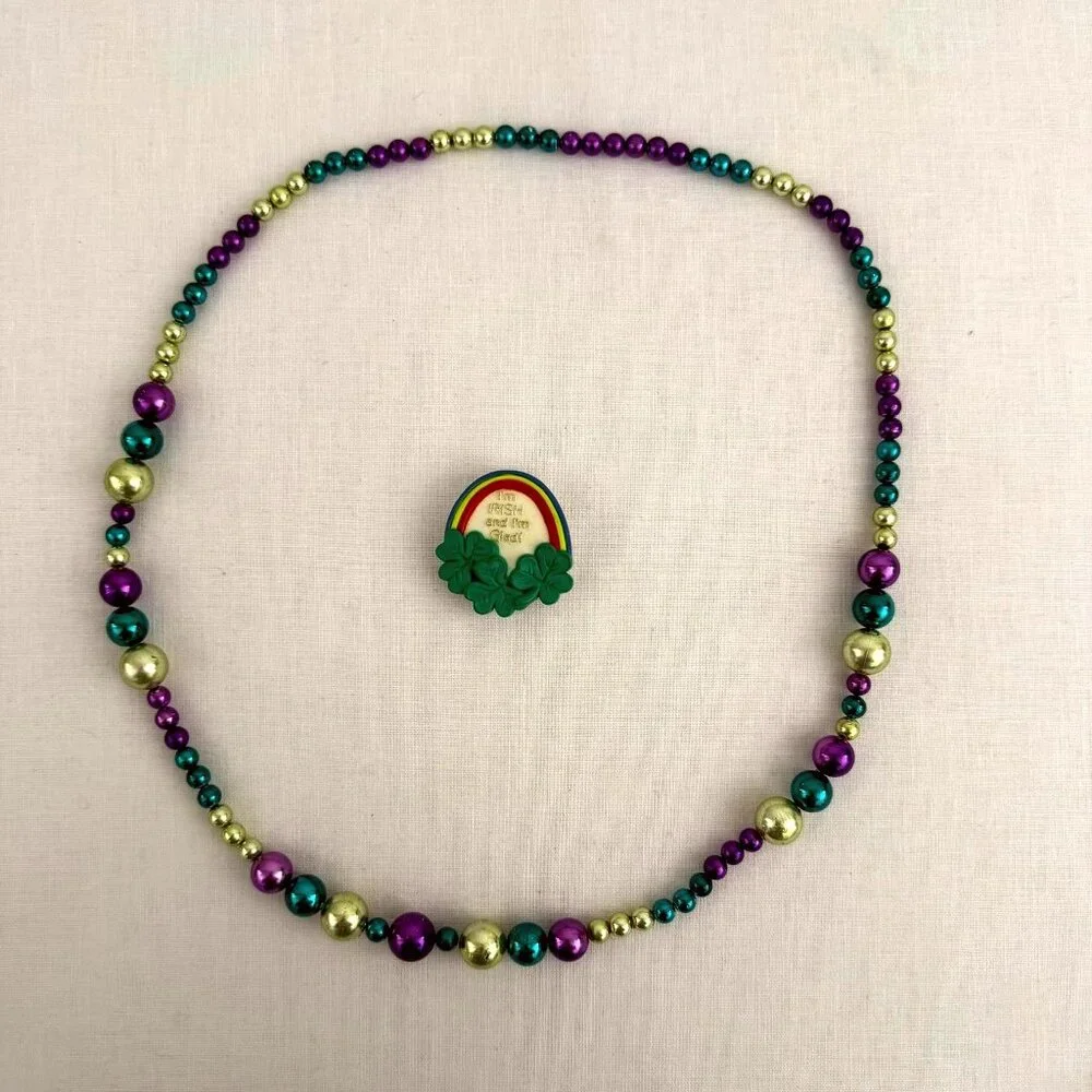 Vintage 1980 Irish Pin Brooch and St Patricks Madi Gras 34in Necklace  Set